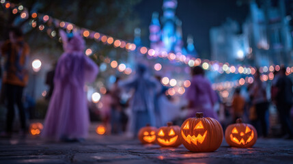 Glowing jack o lantern, Halloween, street party, night, festive, blurred people, castle