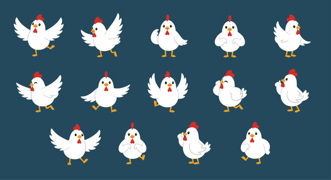 A collection of playful chickens in various poses for animated design.
