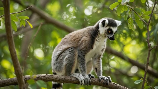 Ring-tailed Lemur Perched on Branch in Lush Green Forest.