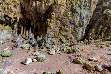 Nimara cave near Marmaris, Turkey inside. Stalactites stalagmites and streak formations in cave of...