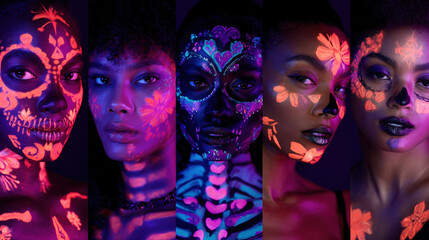 Glow in dark Halloween makeup diverse face paint neon skeleton floral creative portrait