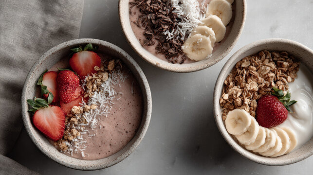 Healthy smoothie bowls with strawberry, banana, granola, coconut, and chocolate toppings