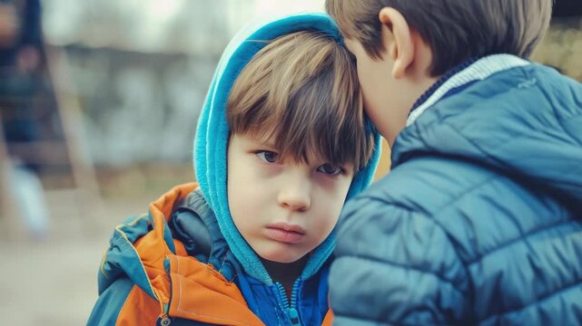 Warm embrace between two children in jackets.