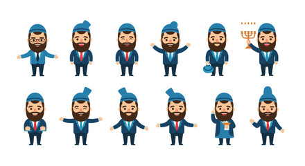 Collection of pixel art men wearing blue suits and various accessories in different poses.