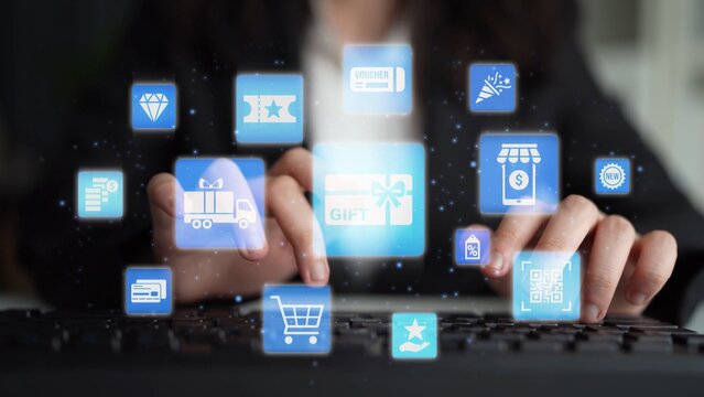 Digital gift card icons show e-commerce, payment, and digital gift card redemption. Digital gift card supports online shopping, secure payment, and customer loyalty programs. Funnel