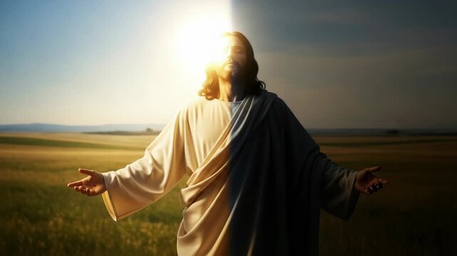 Jesus Christ in radiant light over field, a symbol of salvation, hope, and divine grace. Jesus Christ is depicted with open arms, bathed in celestial light,