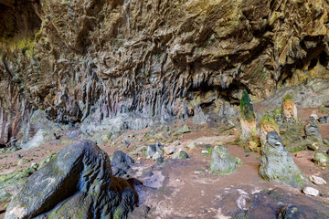 Nimara cave near Marmaris, Turkey inside. Stalactites stalagmites and streak formations in cave of...