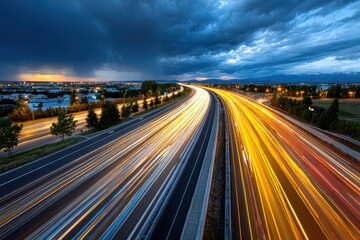 Obraz premium Highway light trails under a dramatic evening sky