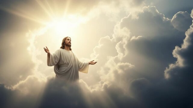 Jesus Christ in heaven with bright sunlight shining through clouds, divine presence is felt as Jesus extends his hands in a welcoming gesture. Jesus's benevolent nature,