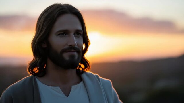 Jesus Christ portrait with serene sunset backdrop, conveying hope and faith. Jesus Christ as beacon of divine light, standing as testament to promise.