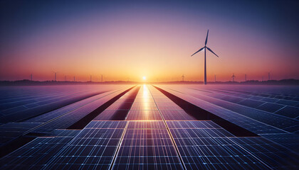 A vast field of solar panels and wind turbines stretches toward a vibrant sunset, symbolizing the future of renewable energy.