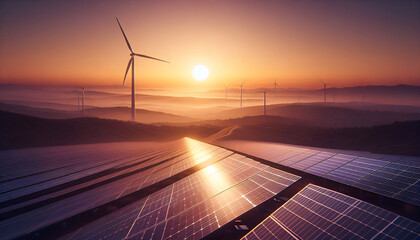 A vast field of solar panels and wind turbines stretches toward a vibrant sunset, symbolizing the future of renewable energy.