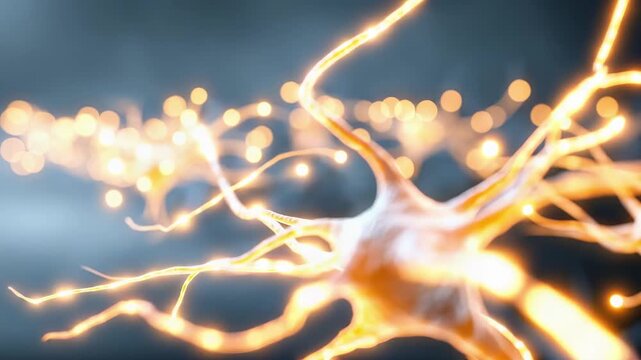 glowing neurons with long, branching axons in a neural network.