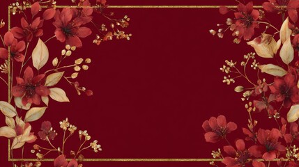 Elegant Floral Border Design Featuring Golden Accents and Deep Red Background for Invitations or Graphics