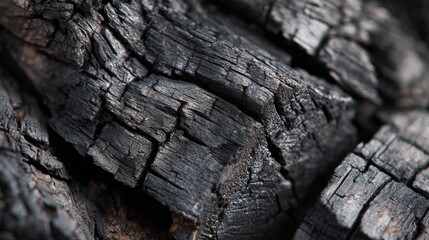 Close-Up View of Burnt Wood Texture Revealing Charcoal Patterns and Intricate Details in Dark Shades