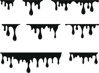 Black melt drips or liquid paint drops. Dripping liquid. Paint flows. Current paint, stains. Current drops. Current inks. Vector illustration. isolated on white background 