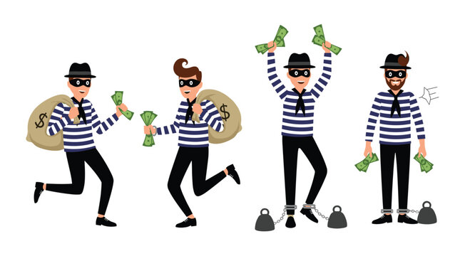 Thieves celebrating their successful heist with stolen cash and bags.
