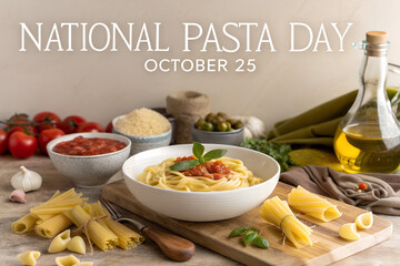 Rustic flat lay for National Pasta Day, October 25, featuring a bowl of pasta with tomato sauce, surrounded by fresh ingredients and uncooked varieties on wood surface.   generative ai