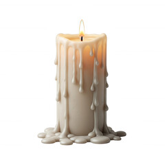 Ivory candle with dripping wax and glowing flame isolated on a transparent background light