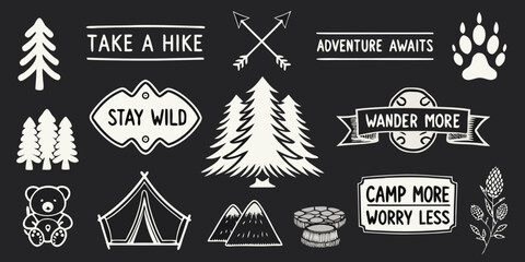 Collection of hand drawn outdoor adventure and camping icons with inspirational quotes on black background