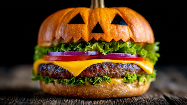 hamburger on a rustic wooden table, carved into the shape of a Halloween pumpkin face