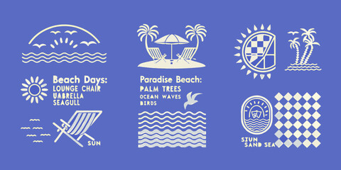 Collection of stylized beach and ocean themed illustrations and icons with text labels on a blue background © Smritykona