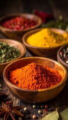 Assorted spices in wooden bowls