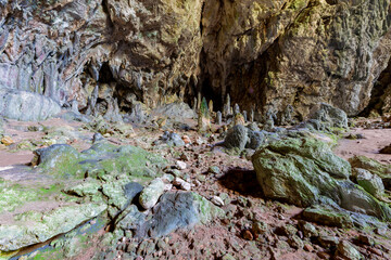 Nimara cave near Marmaris, Turkey inside. Stalactites stalagmites and streak formations in cave of...