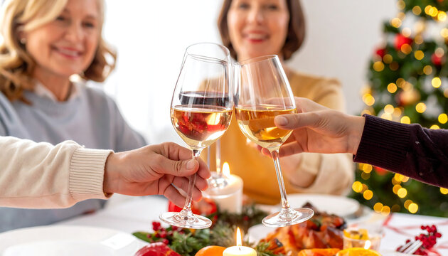 Four people toasting with red wine in front of a glowing Christmas tree—evoking holiday warmth, festive togetherness, and cozy seasonal celebration.