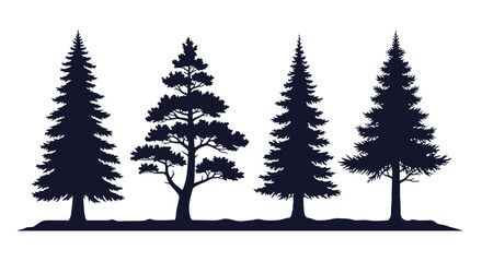 Obraz premium A collection of four distinct evergreen trees silhouetted against a white background representing nature.