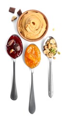 Assorted spreads in spoons, top-down view