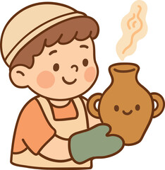 Adorable kawaii doodle vector illustration of a boy holding a steaming clay jug with hot milk. Cozy pastel colors, hand-drawn cartoon style, perfect for cooking, drinks, and cozy themes.