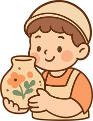 Vector illustration of a ceramic artist boy holding a finished painted clay jug. Cute kawaii doodle style with soft pastel colors, perfect for pottery, ceramics, crafts and DIY projects.
