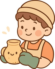 Cute cartoon doodle illustration of a boy holding a smiling clay jug by its handles. Cozy pastel colors, kawaii hand-drawn style, perfect for pottery, ceramics, crafts, and creative hobbies.