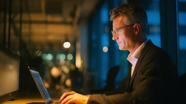 Man in a suit typing on a laptop at night in a blue-lit office, focused on the screen.