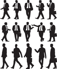 Vector Collection of businessman silhouettes walking and standing isolated on white background silhouette