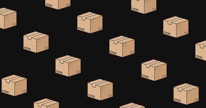 Cardboard shipping boxes moving intertwined on a black background