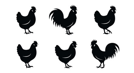 Obraz premium Collection of black silhouettes of roosters and hens on a white background