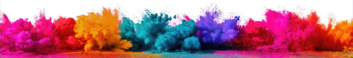 Fototapeta premium Colorful powder explosions against a white background. Clusters of vibrant colored powder, including orange, teal, magenta, and pink, are dispersed across the image