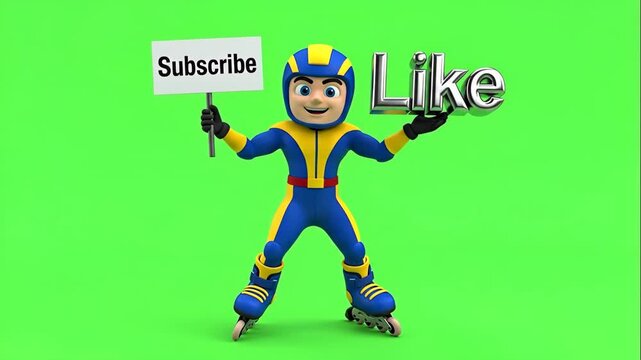 Playful Rollerblade Mascot Promoting Engagement - A cheerful rollerblade mascot stands on a vibrant green backdrop, holding a sign that reads "Subscribe" in one hand while showcasing a large, shiny