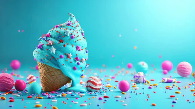 This is a vibrant ice cream cone with colorful sprinkles and a playful array of candy pieces.