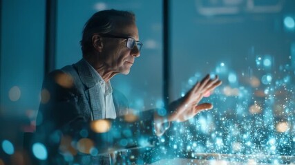 An older man wearing glasses interacts with a glowing holographic data interface, amid blue digital particles in a futuristic setting. - Powered by Adobe