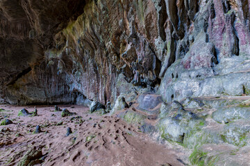Nimara cave near Marmaris, Turkey inside. Stalactites stalagmites and streak formations in cave of...