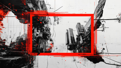 Abstract urban landscape featuring black and white cityscape with bold red accents, creating striking visual contrast and dynamic energy