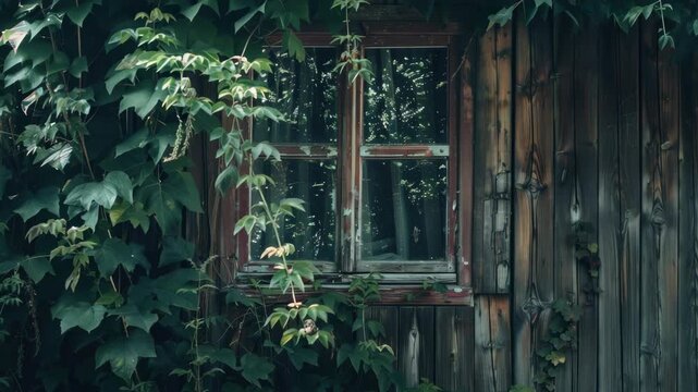Weathered wooden window surrounded by lush greenery and overgrowth of plants. Abandoned house or building with neglected exterior.