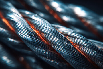 Close-up of coiled steel wires with detailed texture and metallic sheen