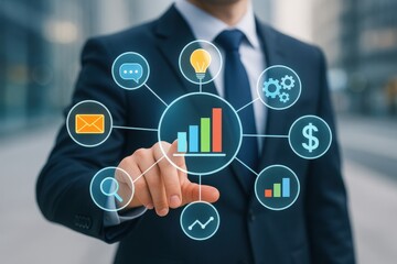 Obraz premium Businessman Touching Digital Interface with Graphs and Icons in Modern Urban Setting