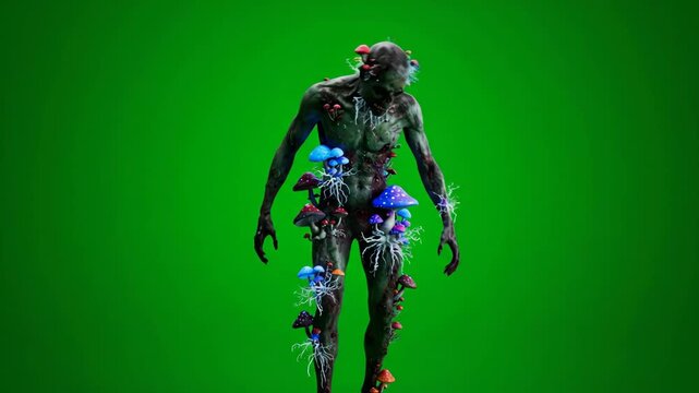 Grotesque Fungus Zombie on Green Screen, Horror Themed Image for Compositing and Special Effects