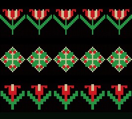 Tulips, stars, and bells. Three floral patterns in red, green, and black. These designs are suitable for weaving, cross-stitching, or knitting.