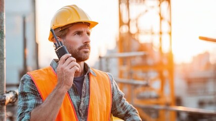 Construction worker in a hard hat and orange safety vest using a handheld radio on a construction site. - Powered by Adobe